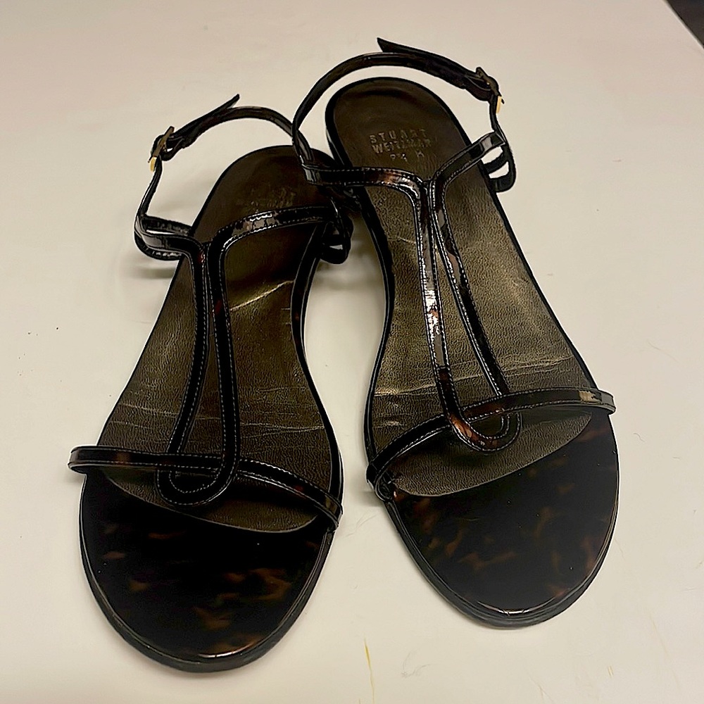 Stuart Weitzman Tortoise Shell Print Leather Strappy Sandals Sz-9 1/2 Preowned